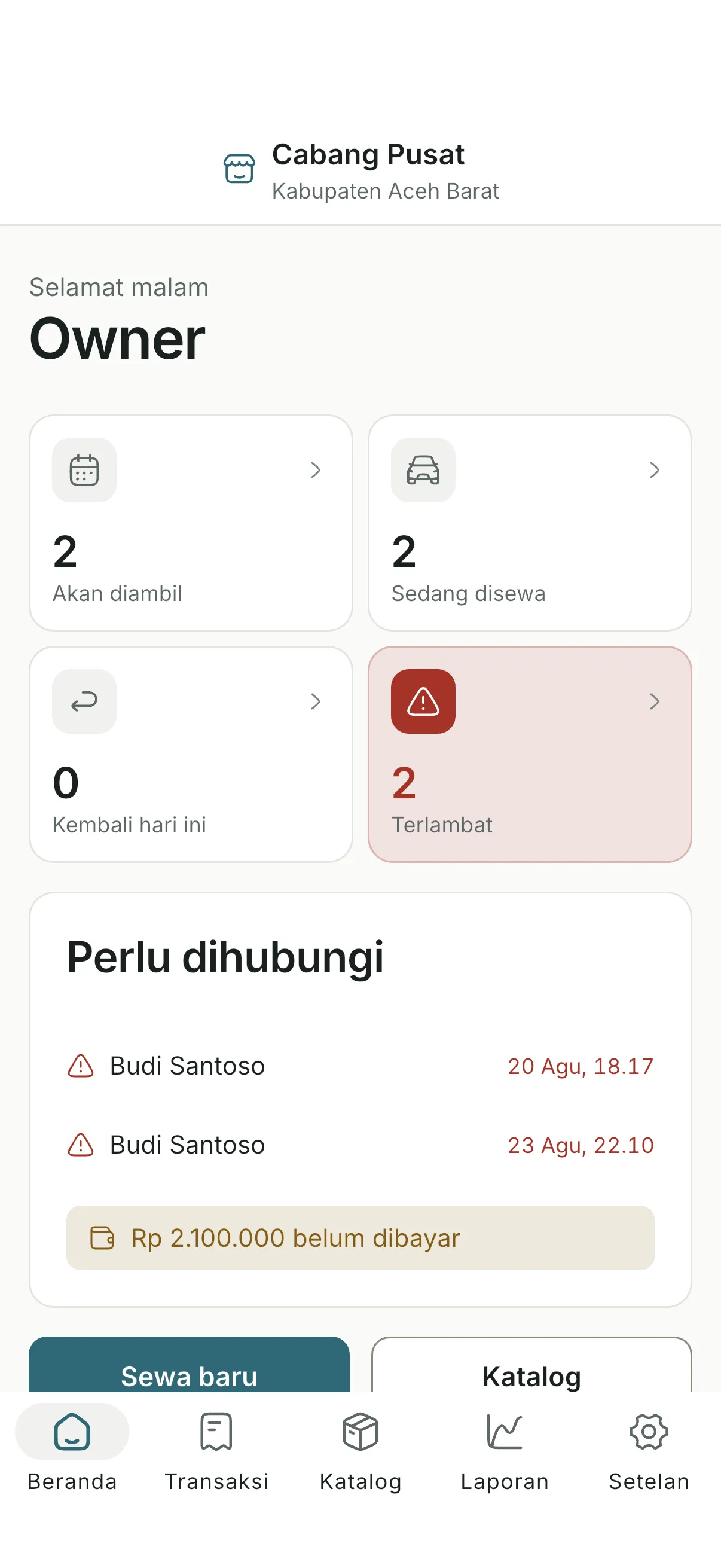 Layar beranda aplikasi: angka sewa yang akan diambil, sedang disewa, dan terlambat