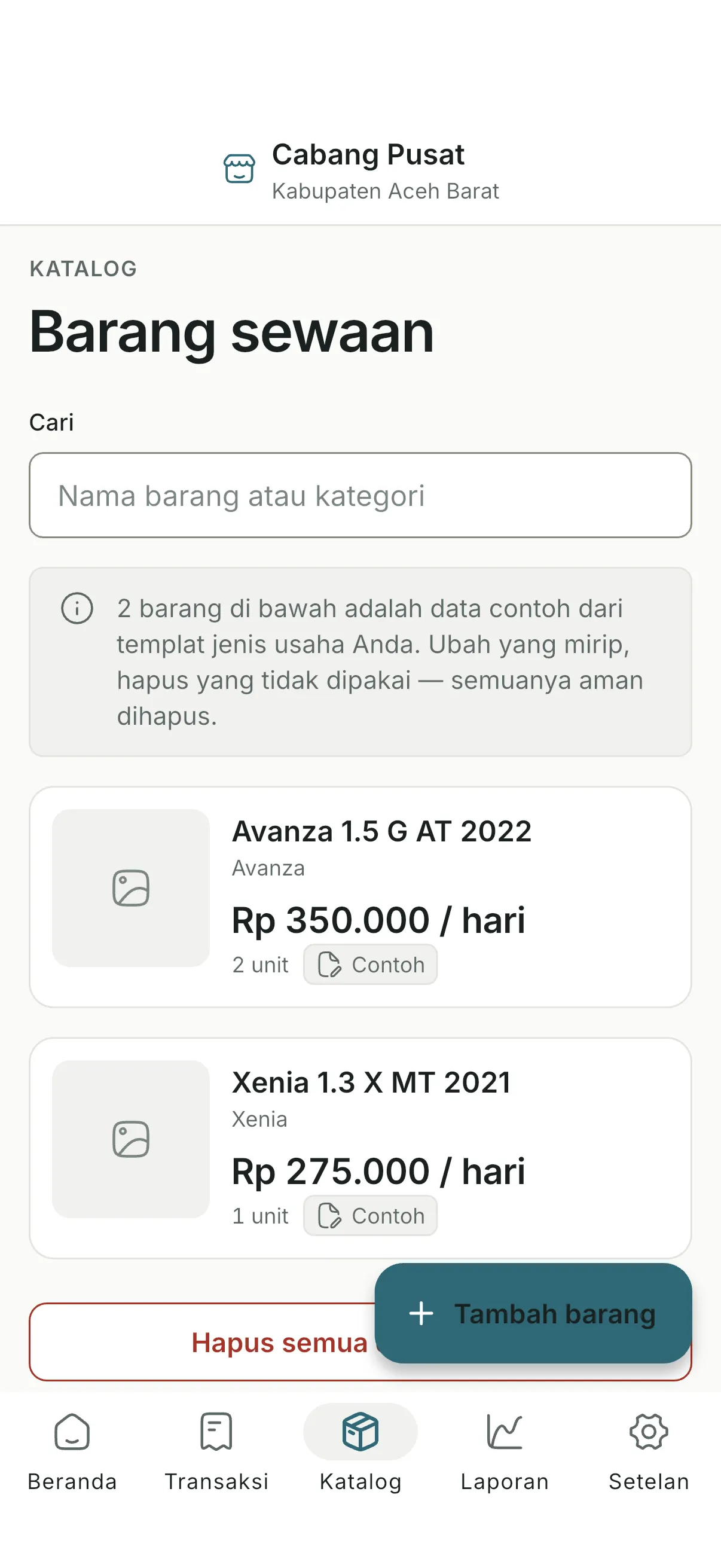 Layar katalog aplikasi: daftar kendaraan dengan foto, tarif, dan sisa unit