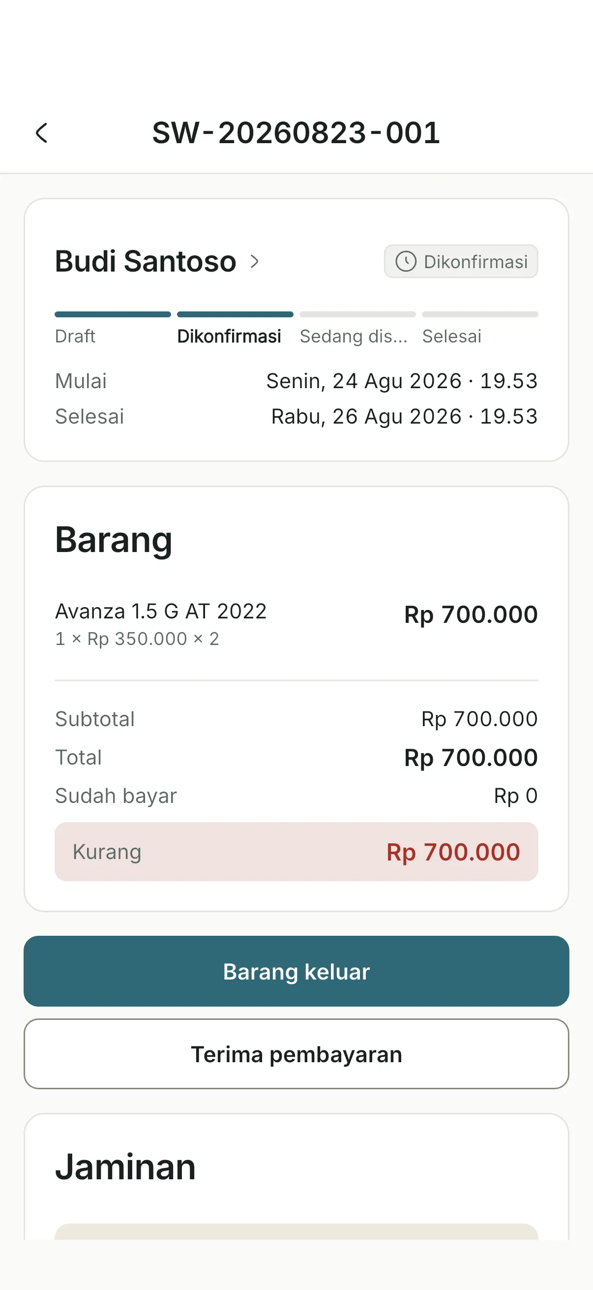 Layar detail sewa aplikasi: periode, pembayaran, dan jaminan penyewa